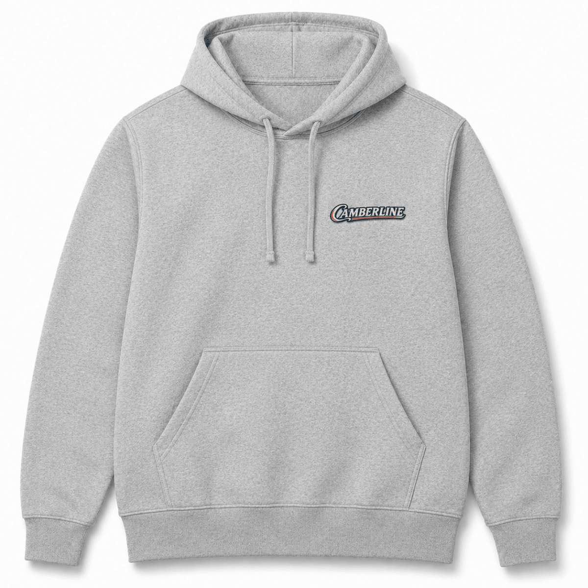Front product view of the sport grey hoodie with small Camberline chest logo
