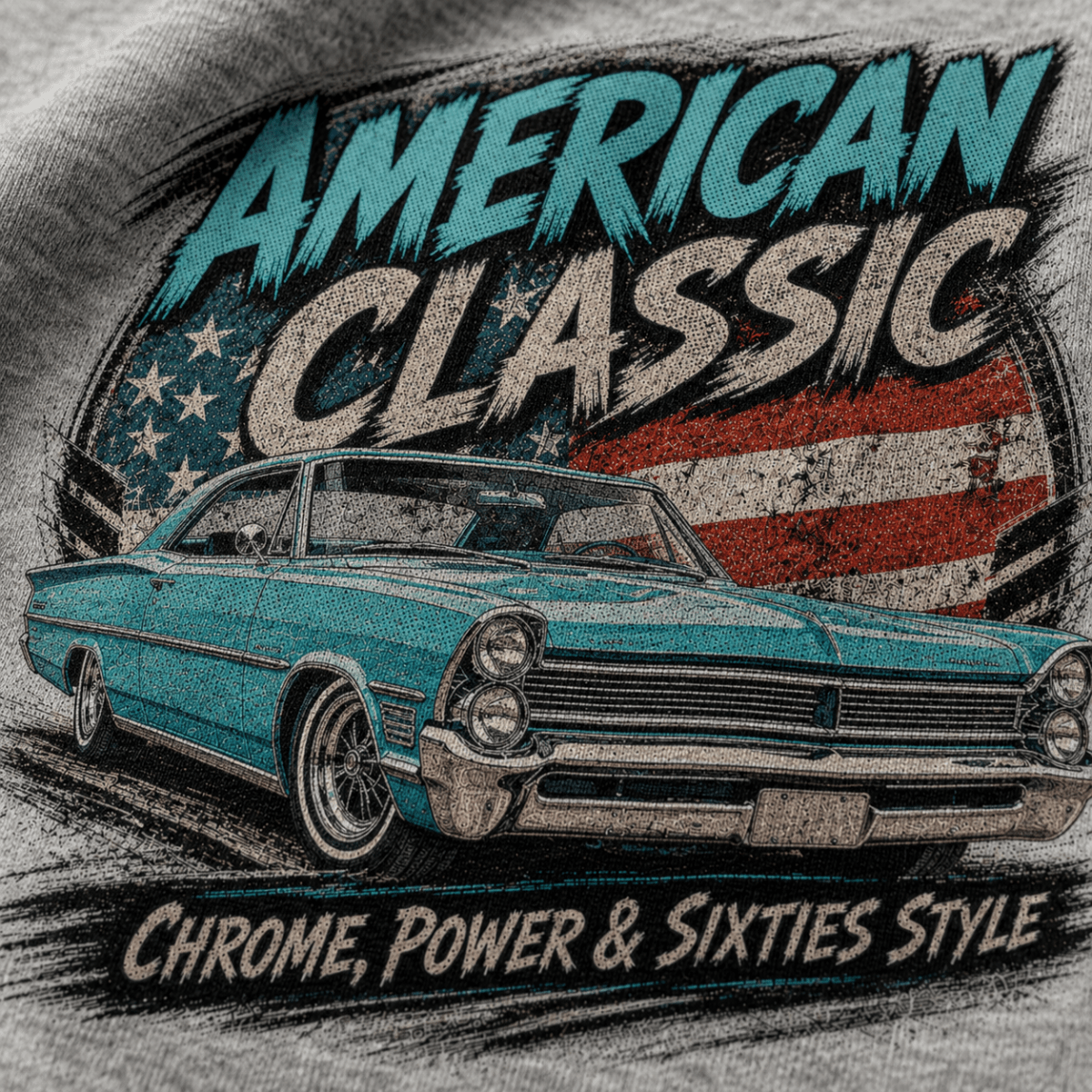 Close-up of the American Classic 1960s Turquoise Cruiser premium halftone DTF print on sport grey hoodie fabric
