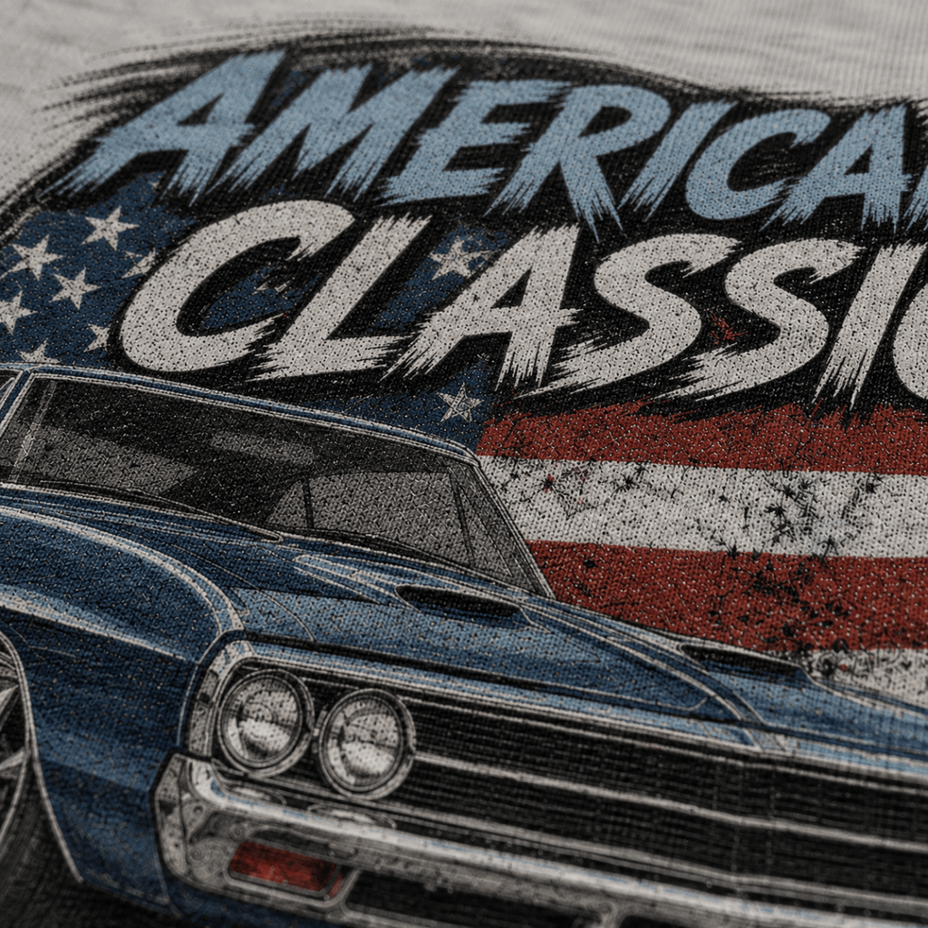 Close-up of the American Classic 1960s Blue Street Machine premium halftone DTF print on sport grey hoodie fabric