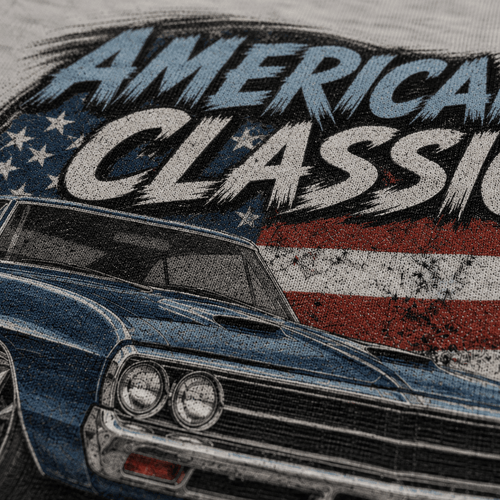 Close-up of the American Classic 1960s Blue Street Machine premium halftone DTF print on sport grey hoodie fabric