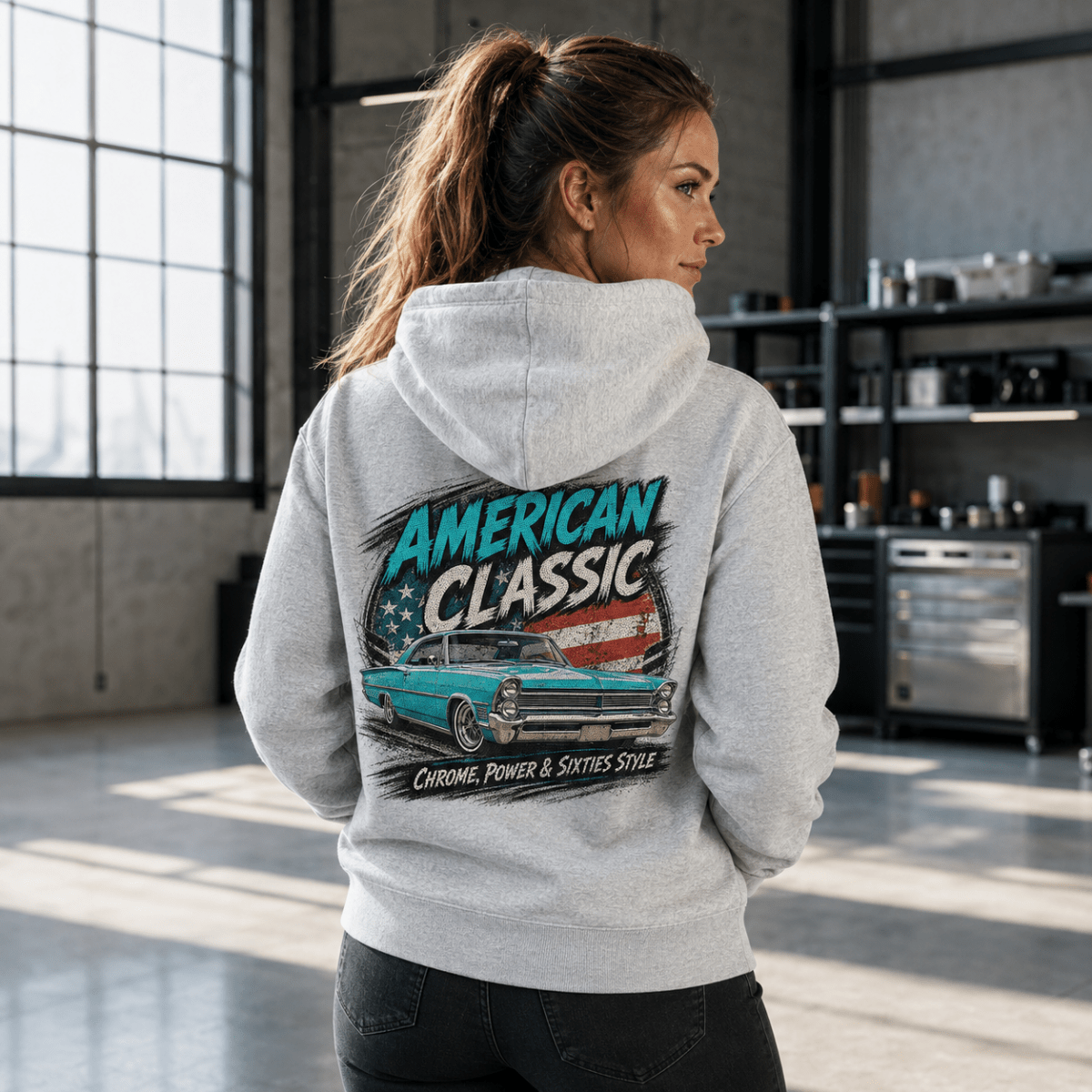 Model wearing a sport grey turquoise American cruiser graphic hoodie, back print view