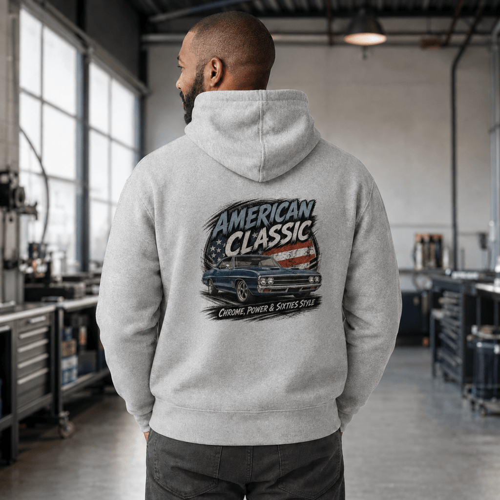 Model wearing a sport grey blue street machine graphic hoodie, back print view