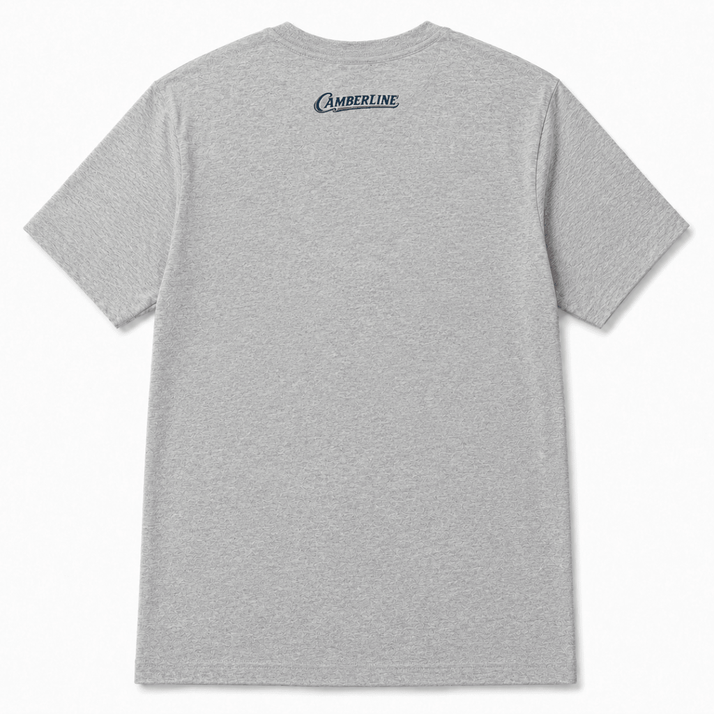 Back product view of the sport grey T-shirt with small Camberline nape print