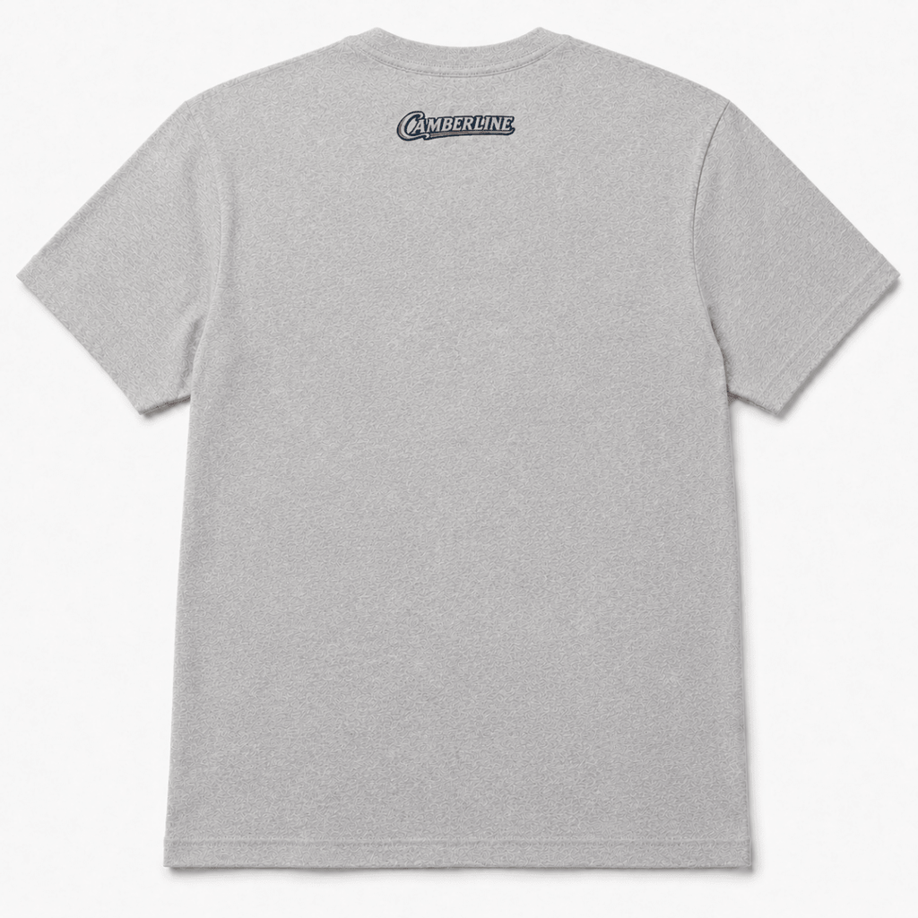 Back product view of the sport grey T-shirt with small Camberline nape print
