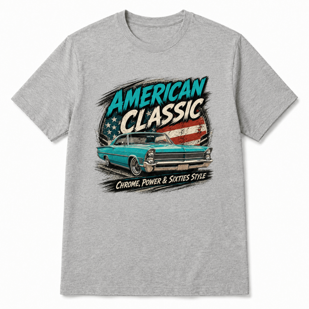 Front product view of the sport grey turquoise American cruiser graphic T-shirt