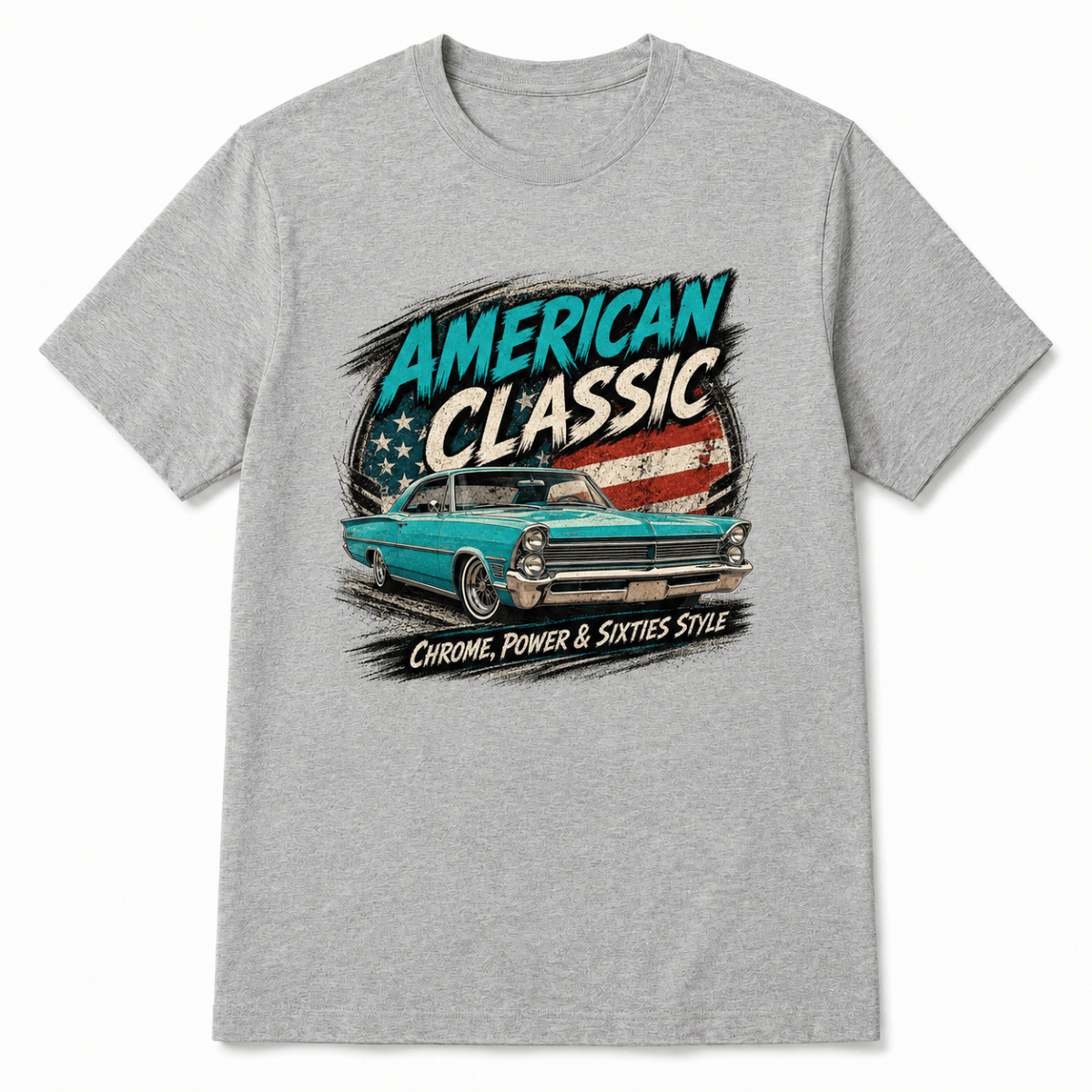 Front product view of the sport grey turquoise American cruiser graphic T-shirt