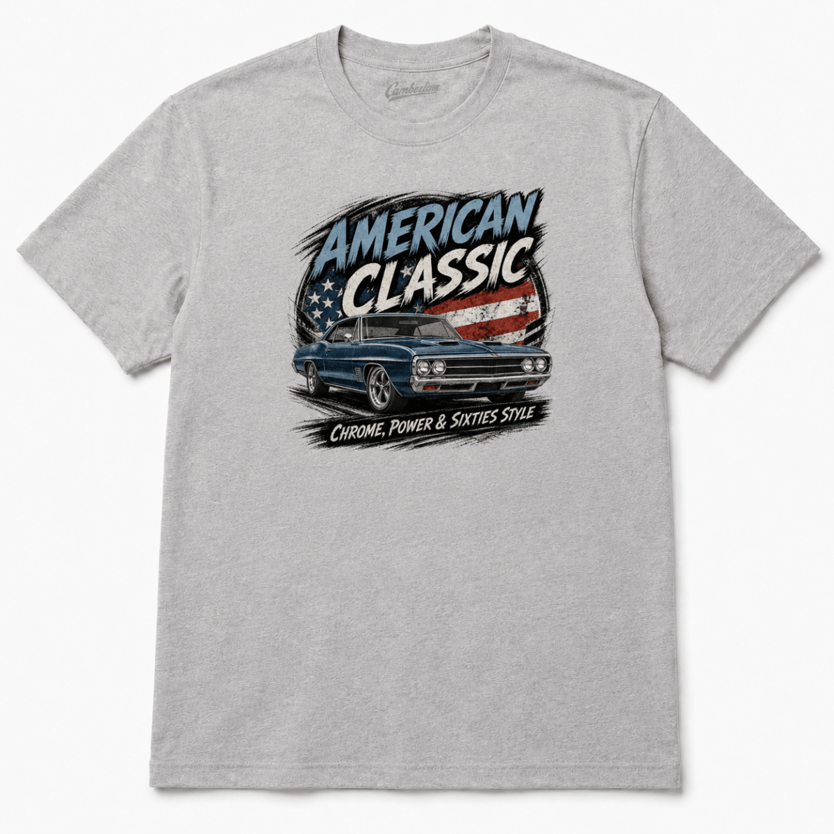 Front product view of the sport grey blue street machine graphic T-shirt