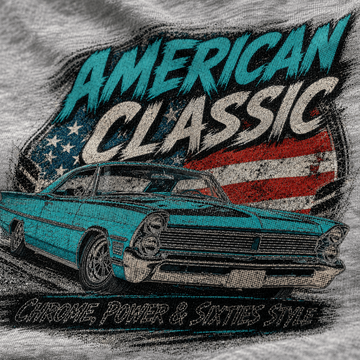 Close-up of the American Classic 1960s Turquoise Cruiser premium halftone DTF print on sport grey fabric