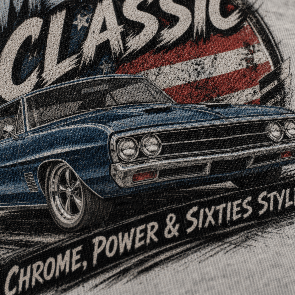 Close-up of the American Classic 1960s Blue Street Machine premium halftone DTF print on sport grey fabric