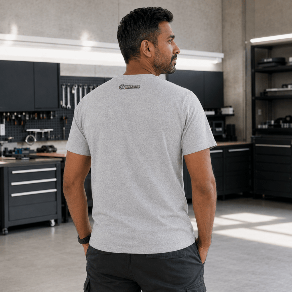 Back view of model wearing the sport grey Camberline T-shirt with nape print