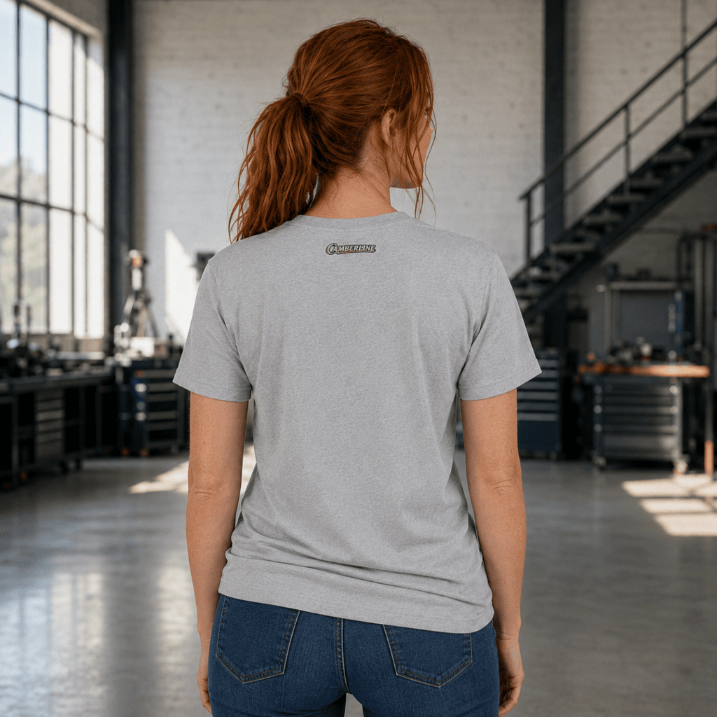 Back view of model wearing the sport grey Camberline T-shirt with nape print