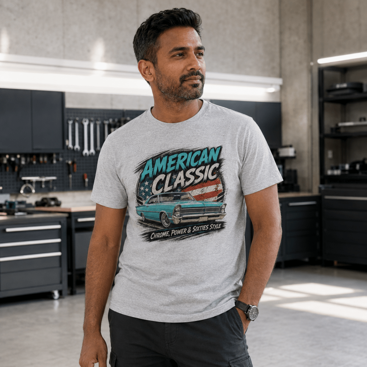 Model wearing a sport grey turquoise American cruiser graphic T-shirt, front view