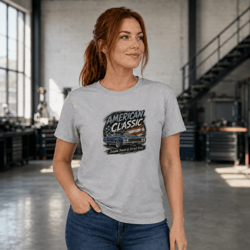 Model wearing a sport grey blue street machine graphic T-shirt, front view