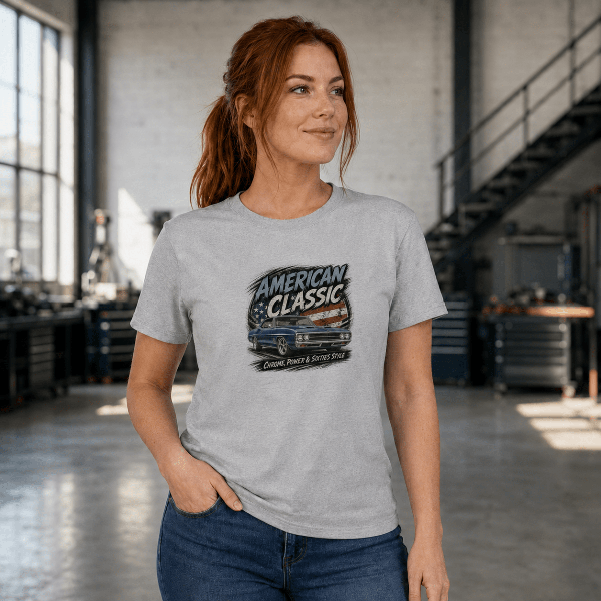 Model wearing a sport grey blue street machine graphic T-shirt, front view