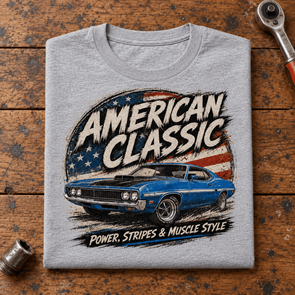 Camberline American Classic 1970s Blue Muscle Coupe Graphic T-Shirt in sport grey, folded front view on a workshop bench with the full graphic visible