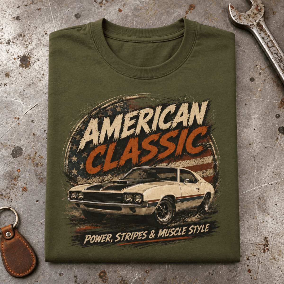 Camberline American Classic 1970s Hardtop Graphic T-Shirt in military green, folded front view on a workshop bench with the full graphic visible
