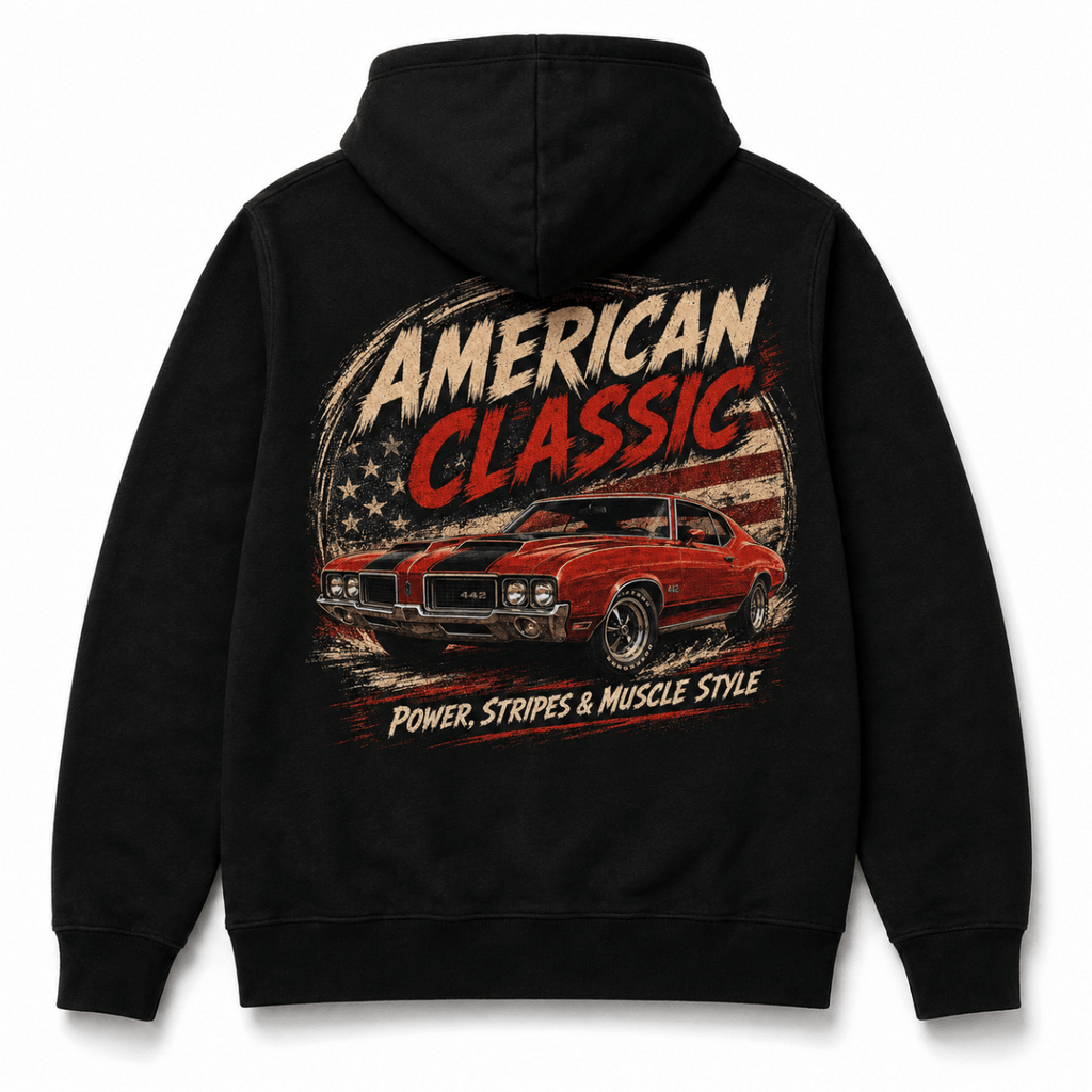 Back product view of the black hoodie with large red sports coupe graphic