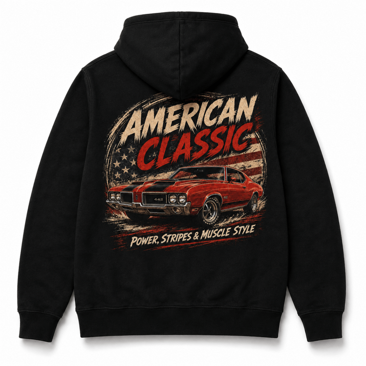 Back product view of the black hoodie with large red sports coupe graphic