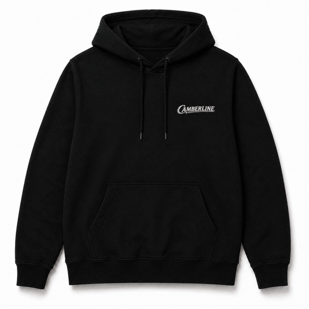 Front product view of the black hoodie with small Camberline chest logo