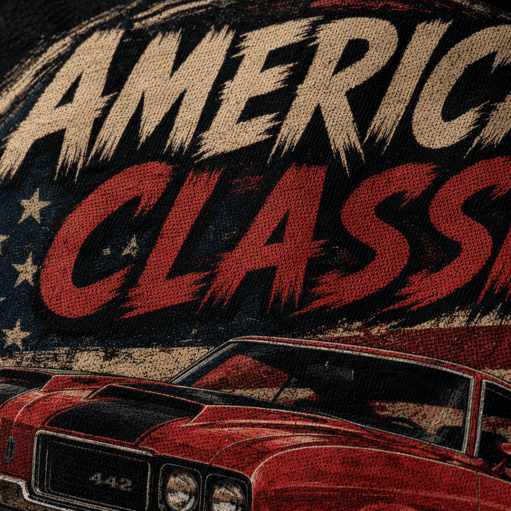 Close-up of the American Classic 1970s Red Sports Coupe premium halftone DTF print on black hoodie fabric