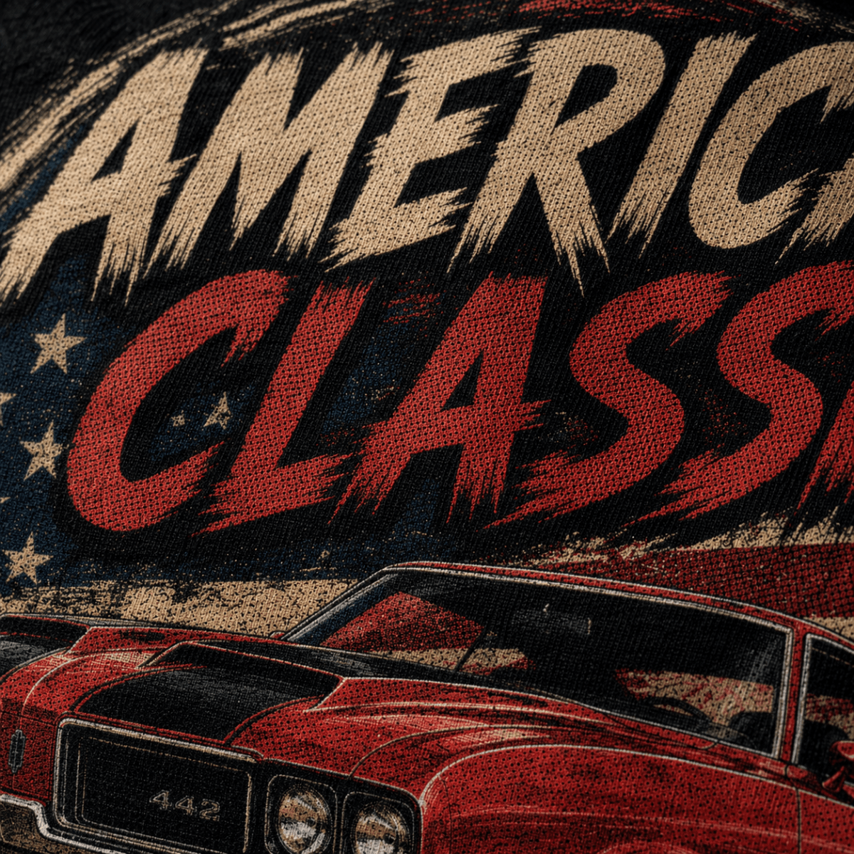 Close-up of the American Classic 1970s Red Sports Coupe premium halftone DTF print on black hoodie fabric