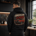 Model wearing a black red sports coupe graphic hoodie, back print view