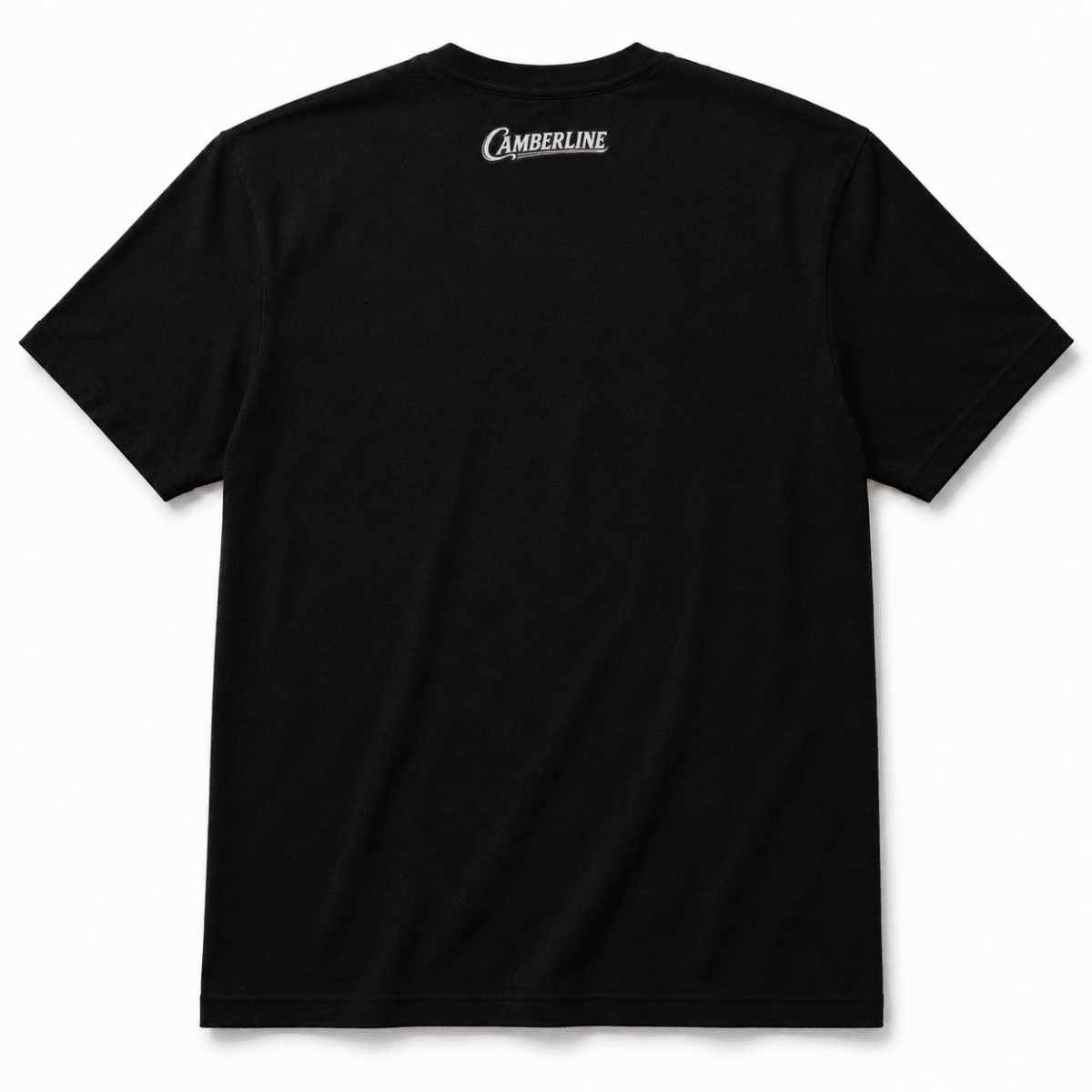 Back product view of the black T-shirt with small Camberline nape print