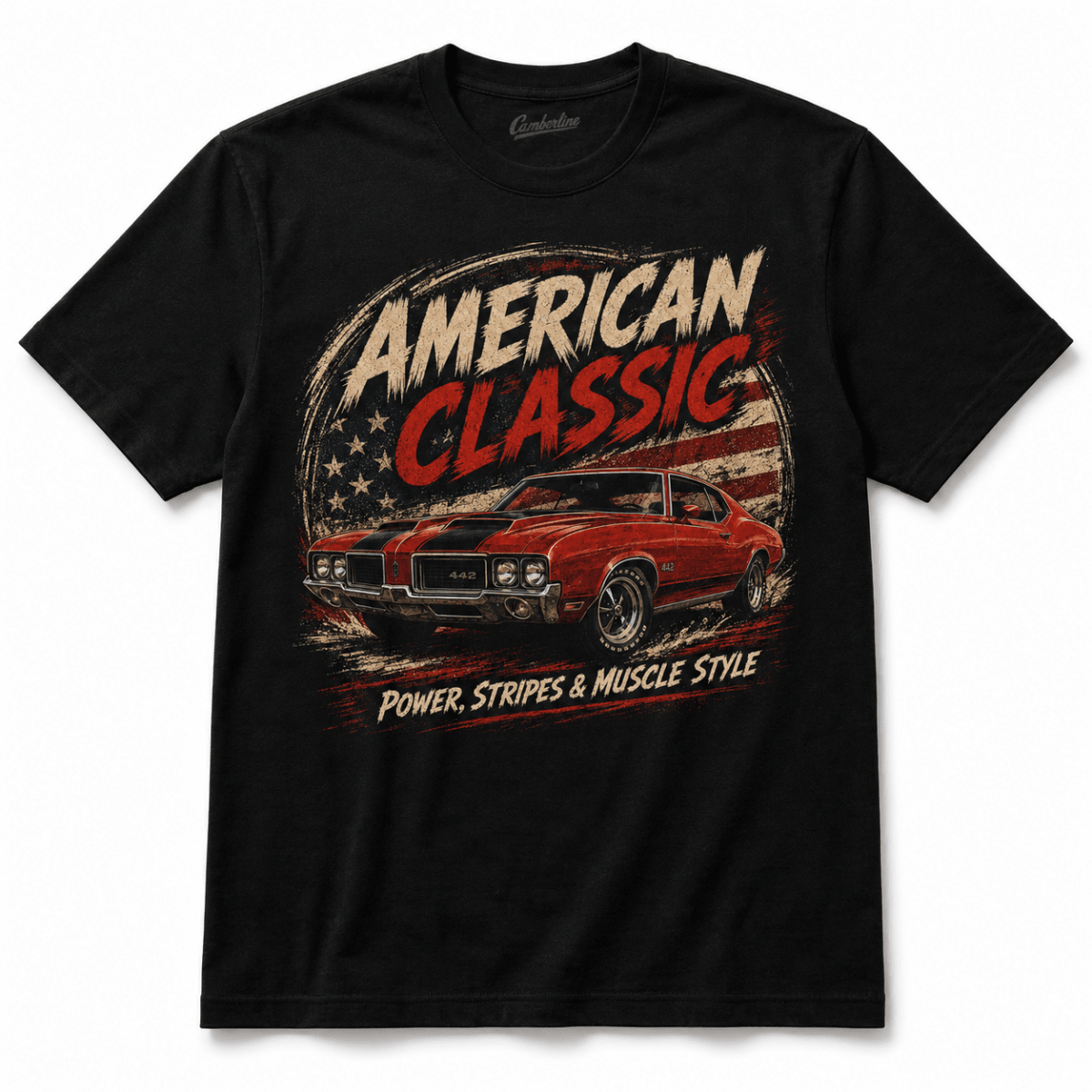 Front product view of the black red sports coupe graphic T-shirt