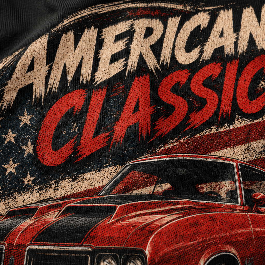 Close-up of the American Classic 1970s Red Sports Coupe premium halftone DTF print on black fabric