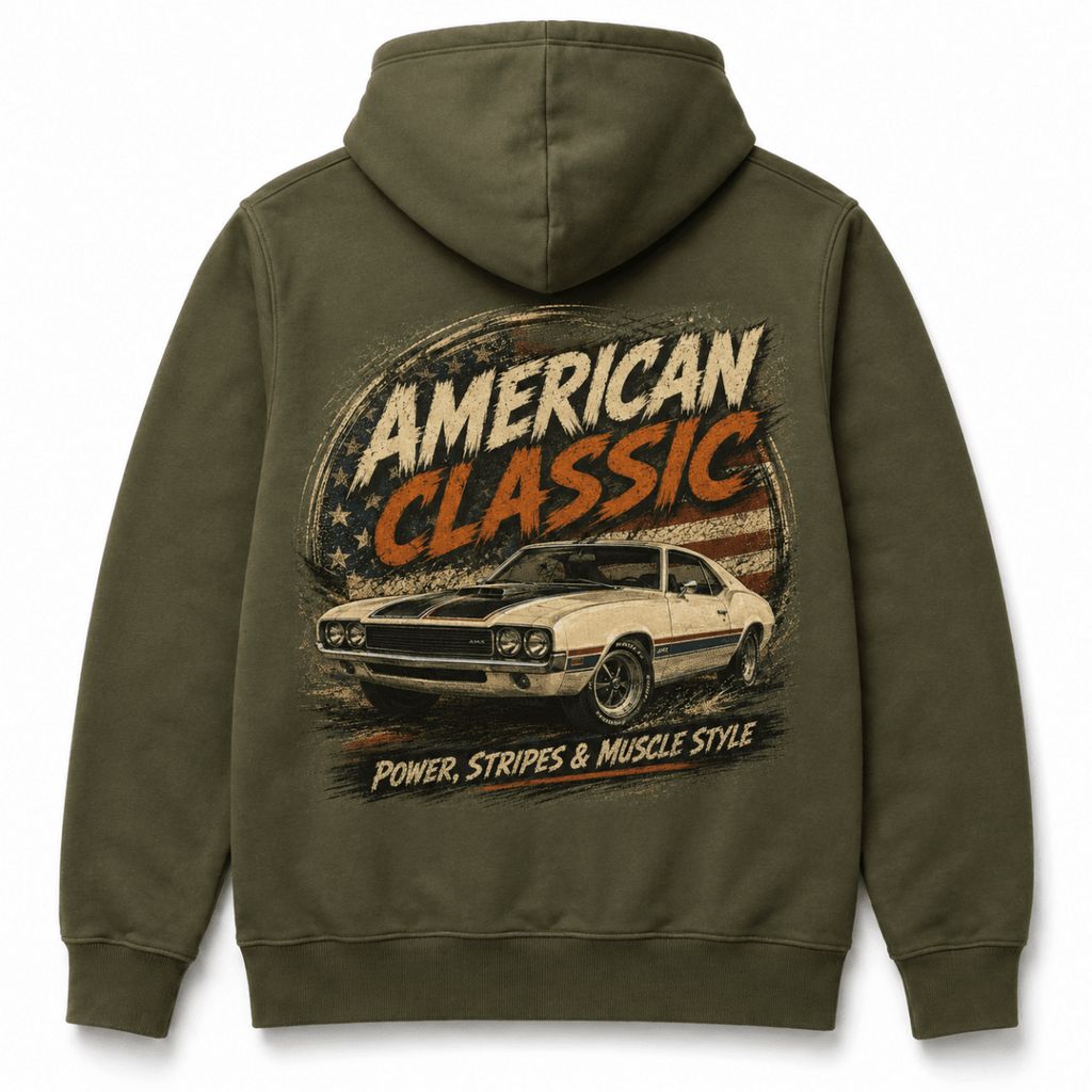 Back product view of the military green hoodie with large hardtop muscle car graphic