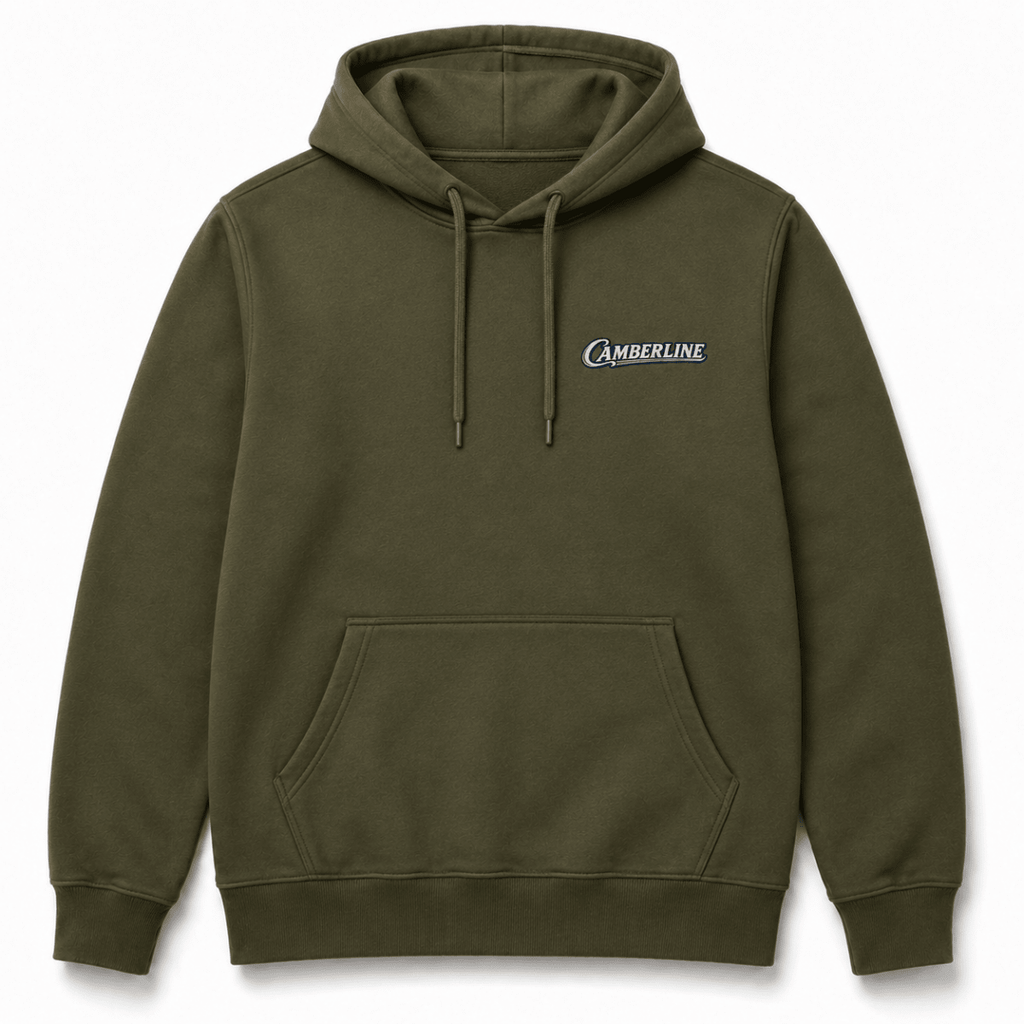 Front product view of the military green hoodie with small Camberline chest logo