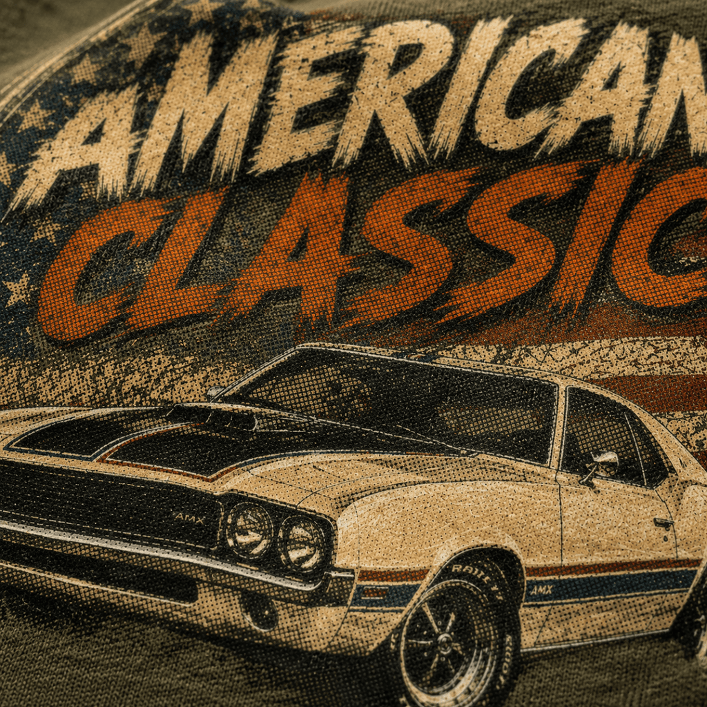 Close-up of the American Classic 1970s Hardtop premium halftone DTF print on military green hoodie fabric