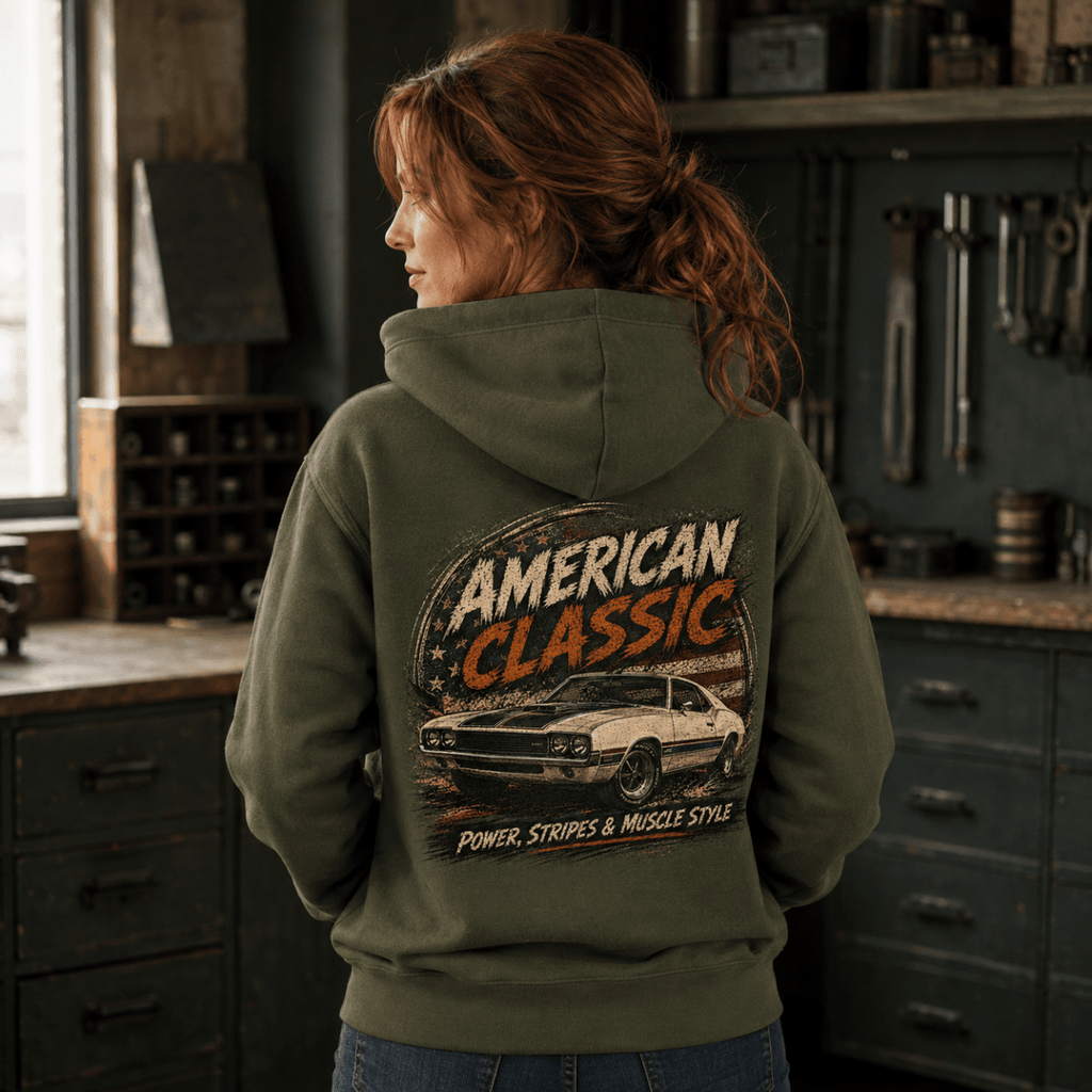 Model wearing a military green hardtop muscle car graphic hoodie, back print view