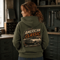 Model wearing a military green hardtop muscle car graphic hoodie, back print view
