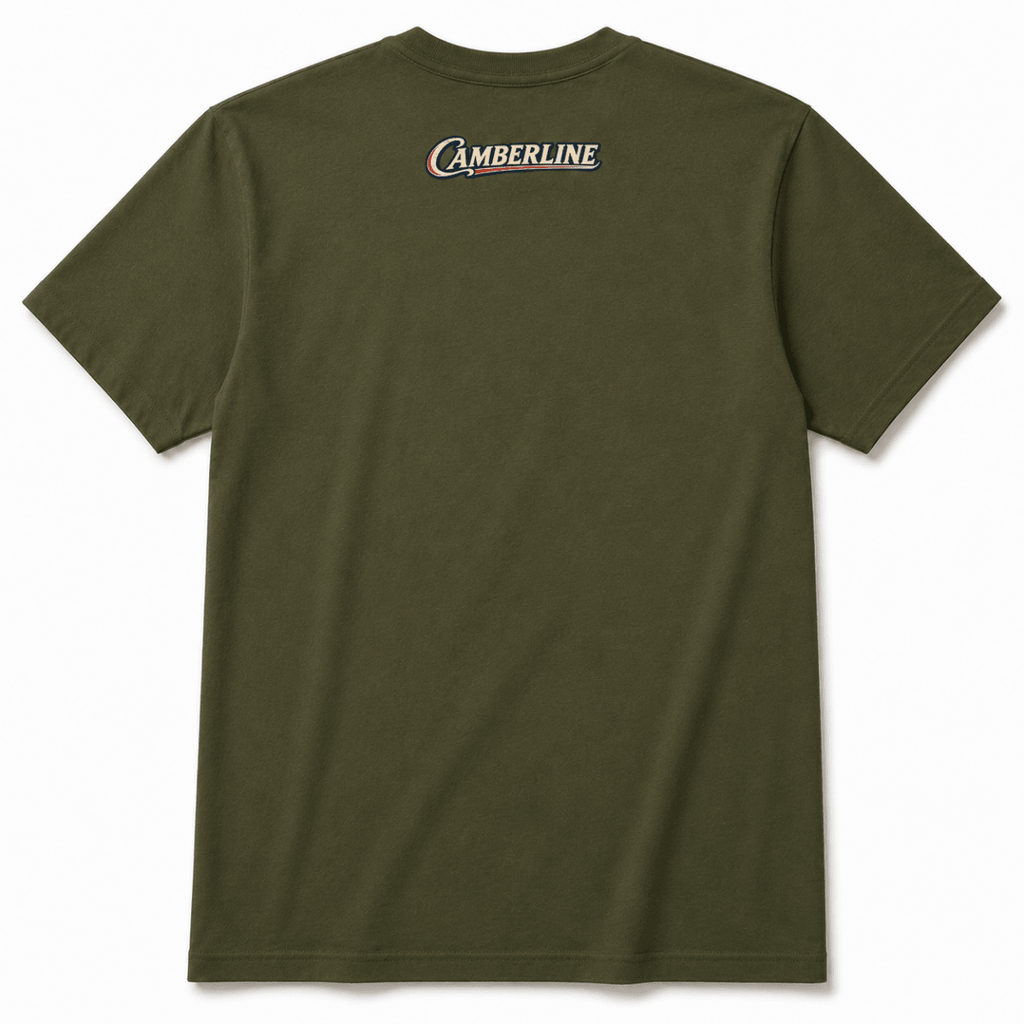 Back product view of the military green T-shirt with small Camberline nape print