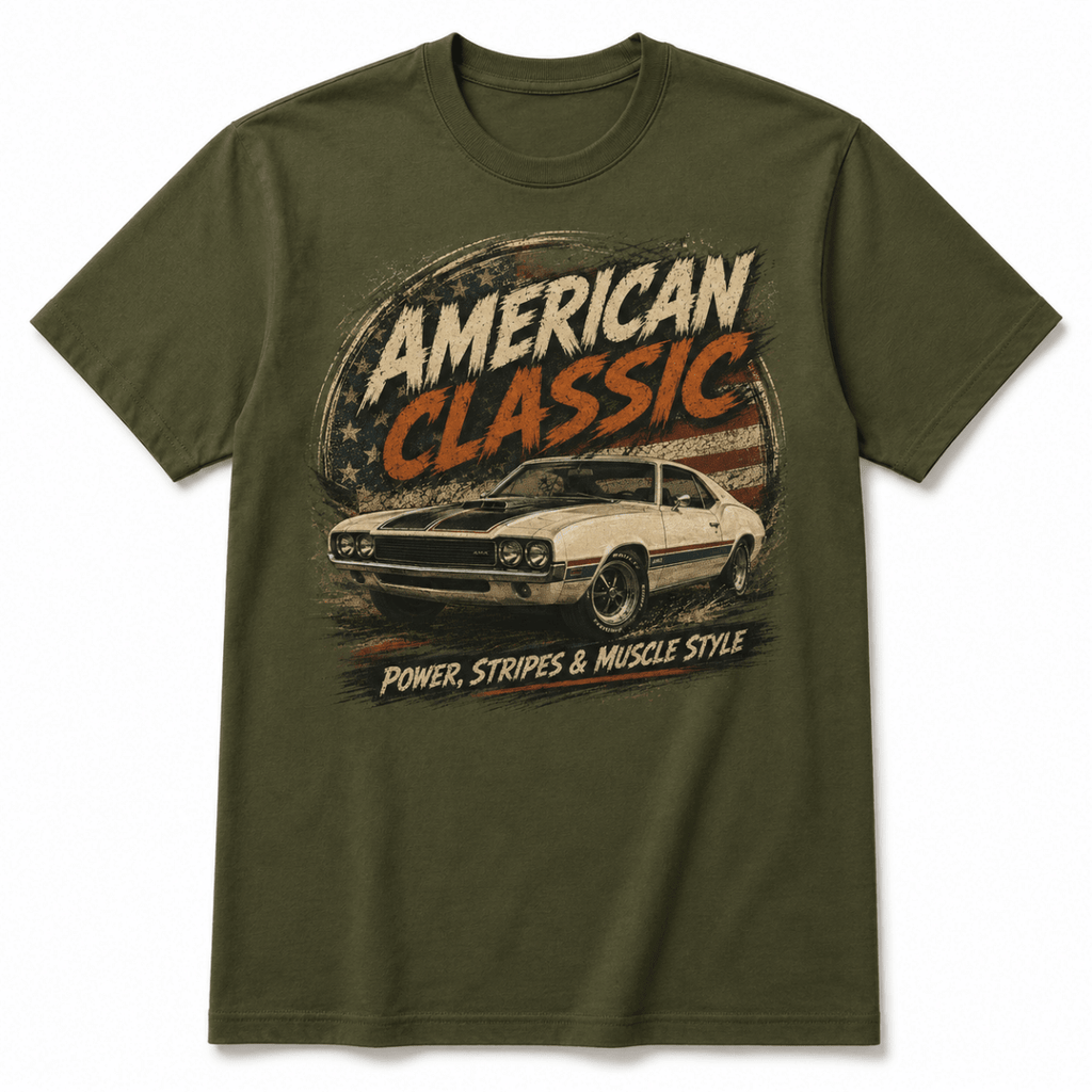 Front product view of the military green hardtop muscle car graphic T-shirt