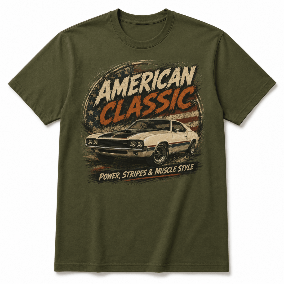 Front product view of the military green hardtop muscle car graphic T-shirt