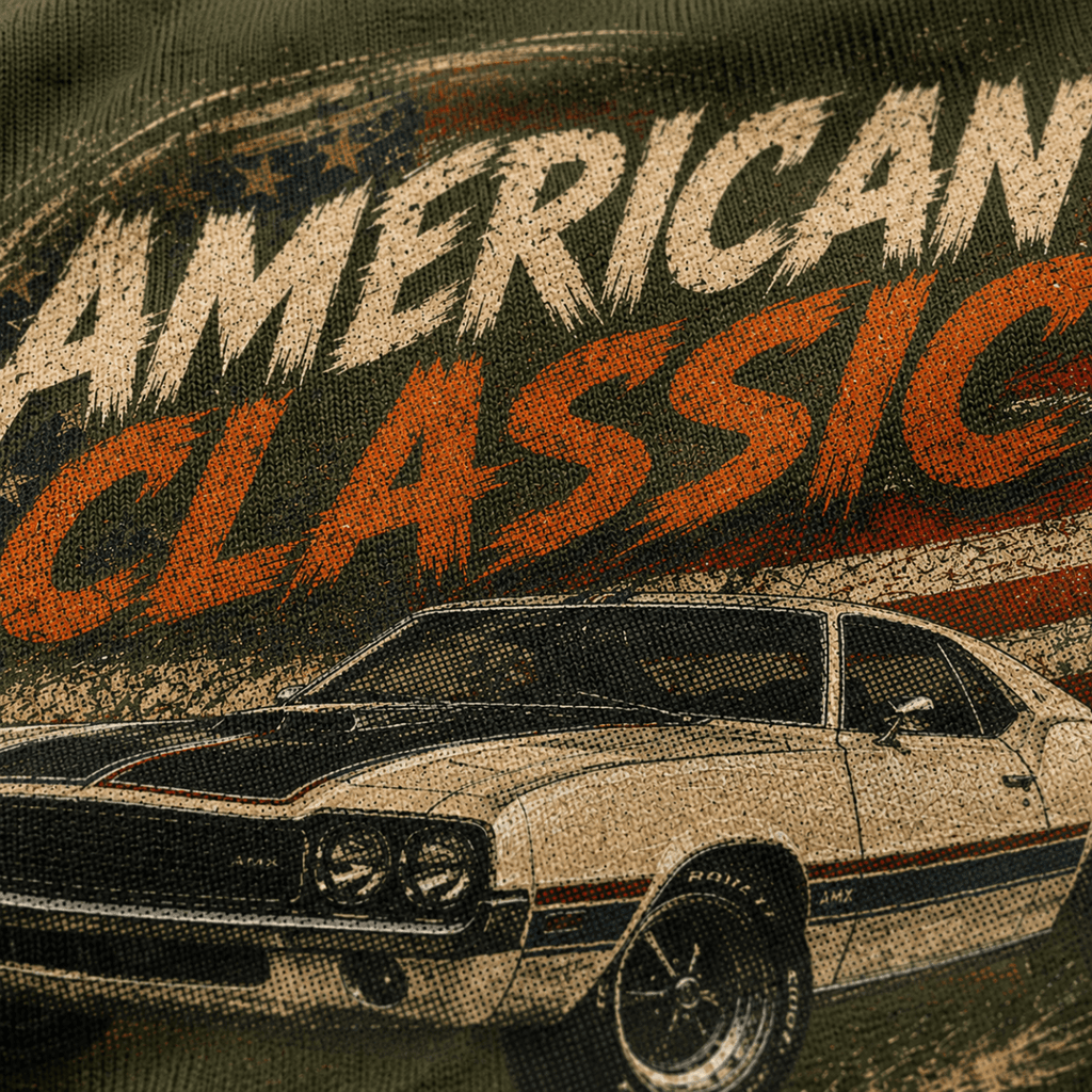 Close-up of the American Classic 1970s Hardtop premium halftone DTF print on military green fabric