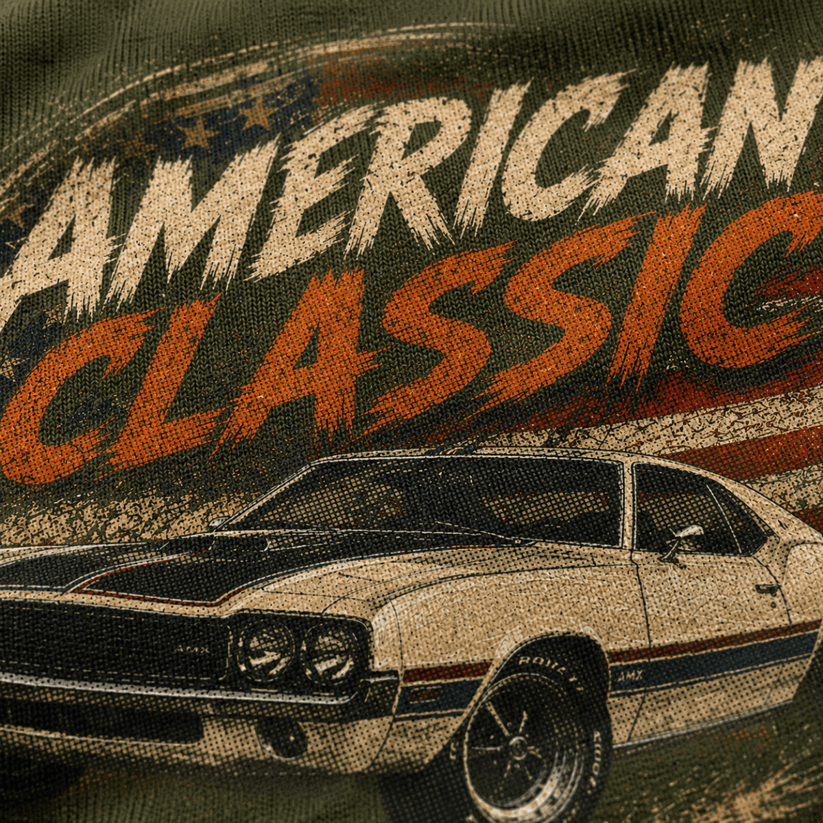 Close-up of the American Classic 1970s Hardtop premium halftone DTF print on military green fabric