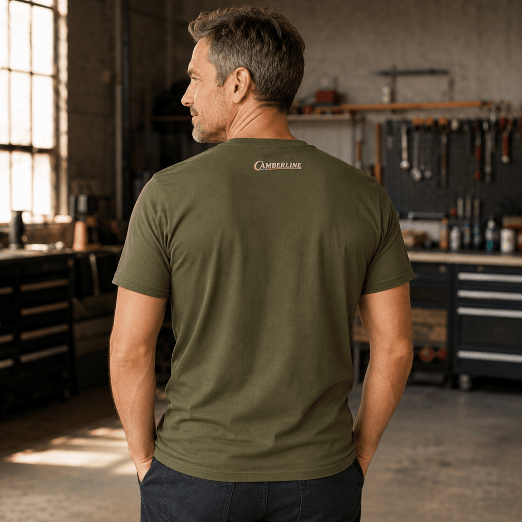Back view of model wearing the military green Camberline T-shirt with nape print