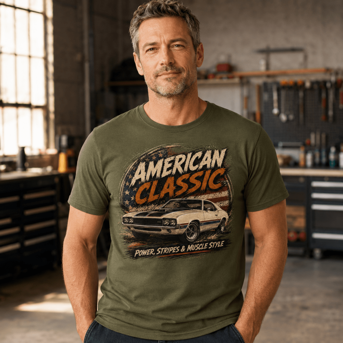 Model wearing a military green hardtop muscle car graphic T-shirt, front view
