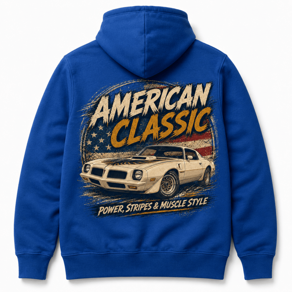 Back product view of the royal blue hoodie with large T/A 6.6 muscle car graphic