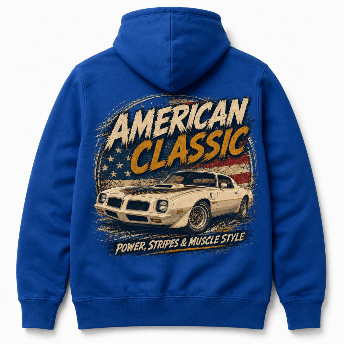 Back product view of the royal blue hoodie with large T/A 6.6 muscle car graphic