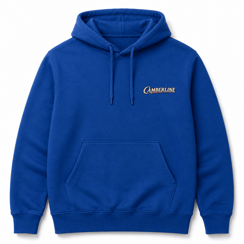 Front product view of the royal blue hoodie with small Camberline chest logo