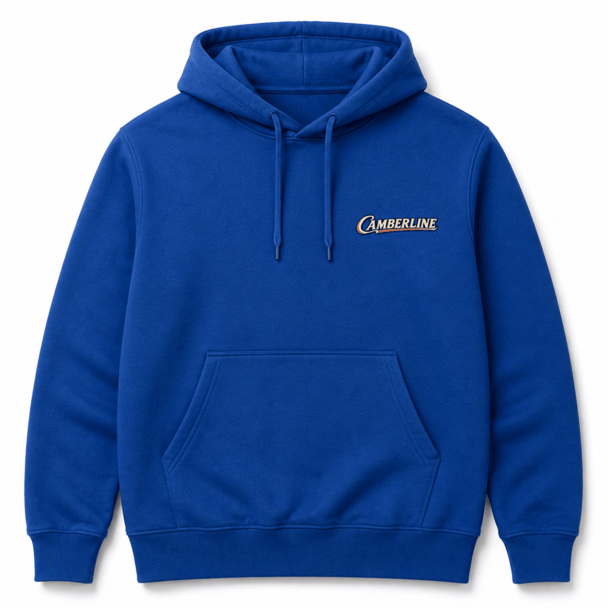 Front product view of the royal blue hoodie with small Camberline chest logo