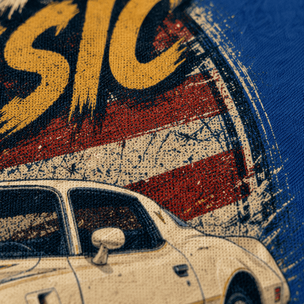 Close-up of the American Classic T/A 6.6 Muscle Car premium halftone DTF print on royal blue hoodie fabric