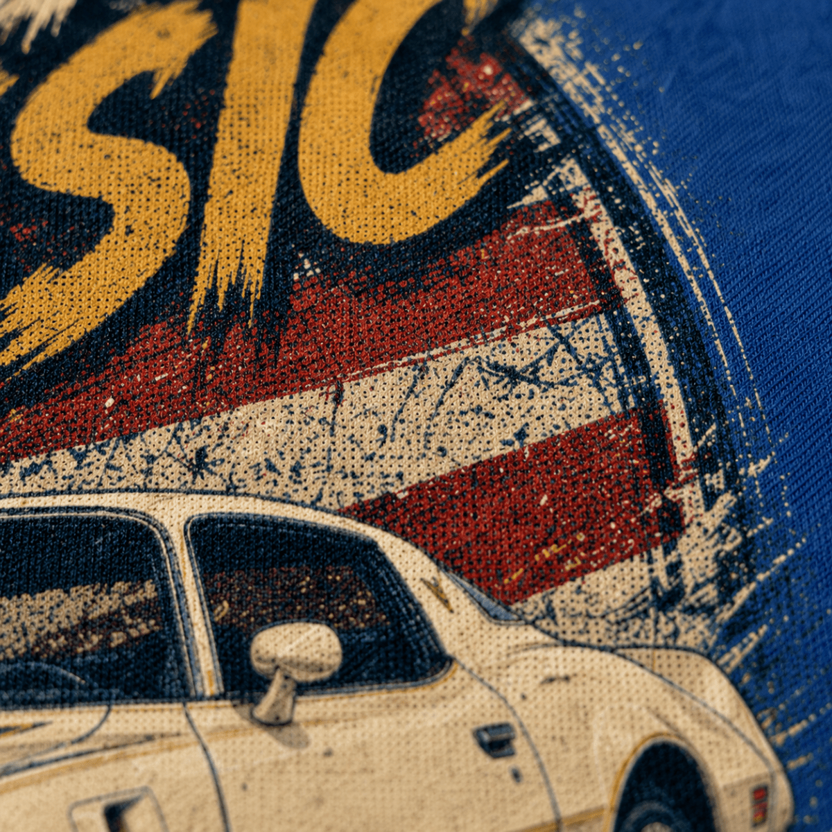 Close-up of the American Classic T/A 6.6 Muscle Car premium halftone DTF print on royal blue hoodie fabric