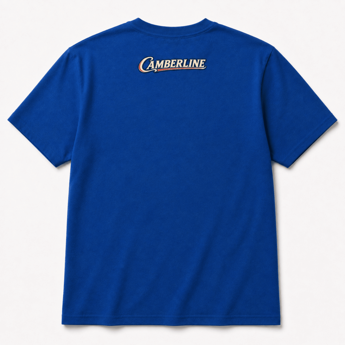 Back product view of the royal blue T-shirt with small Camberline nape print