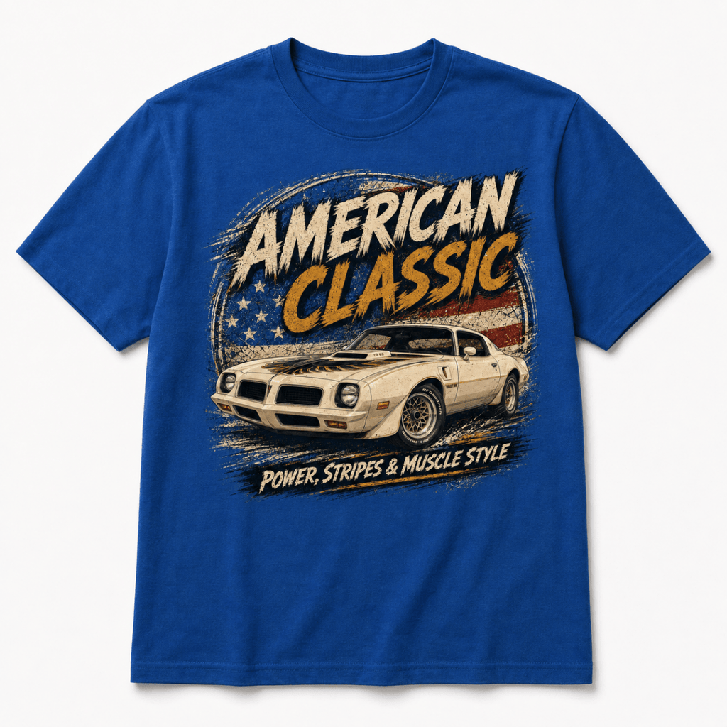 Front product view of the royal blue T/A 6.6 muscle car graphic T-shirt