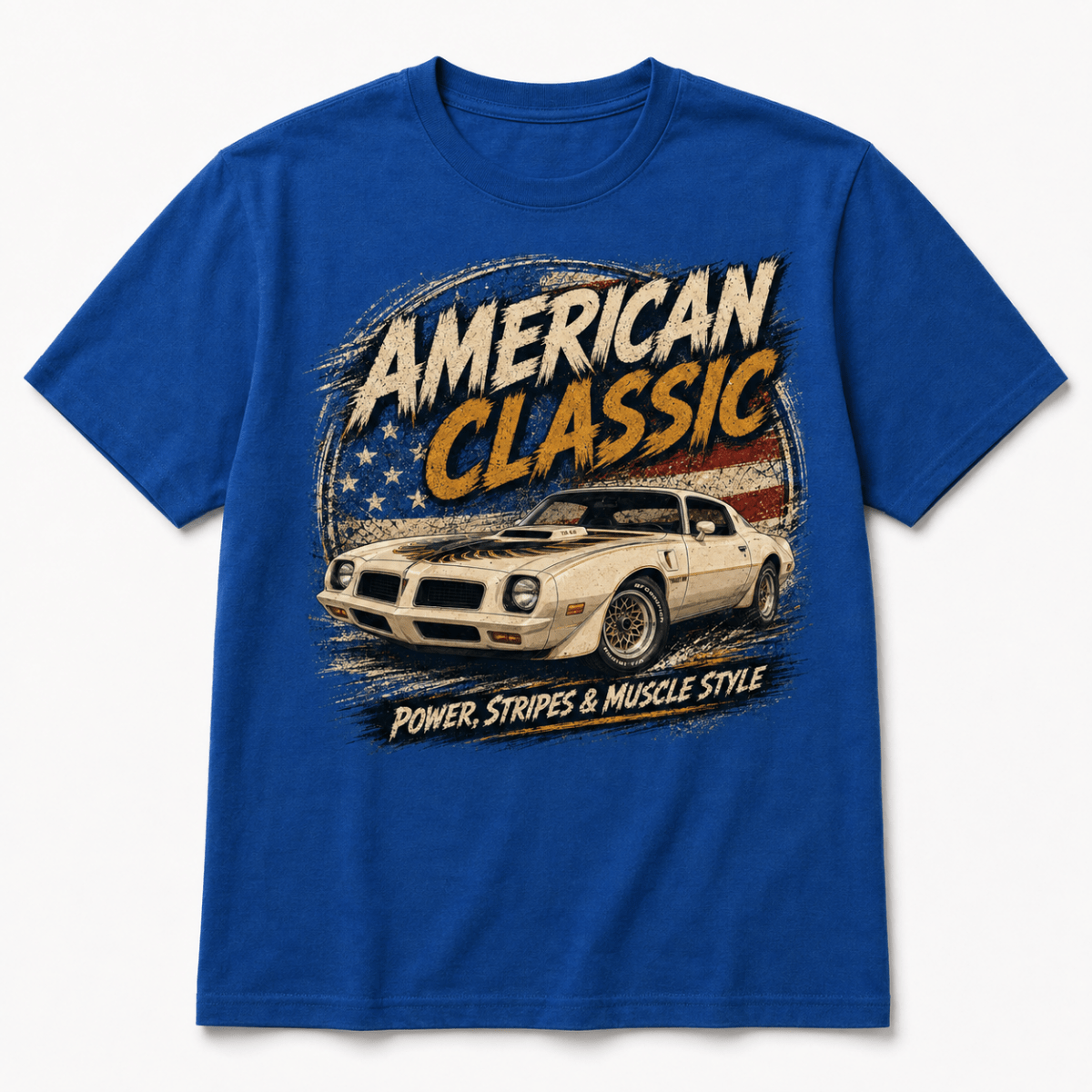 Front product view of the royal blue T/A 6.6 muscle car graphic T-shirt